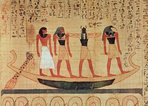 Papyrus met een man die door Thoth, Khepri en een andere god op een bark naar het hiernamaals wordt vervoerd